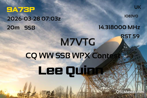 QSL Master Card for M7VTG QSO with 9A73P