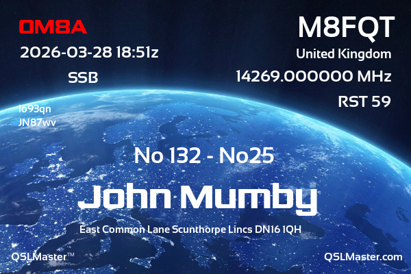 QSL Master Card for M8FQT QSO with OM8A