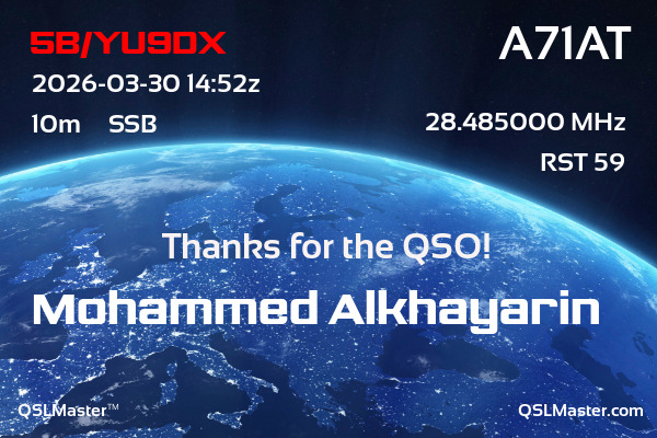 QSL Master Card for A71AT QSO with 5B/YU9DX
