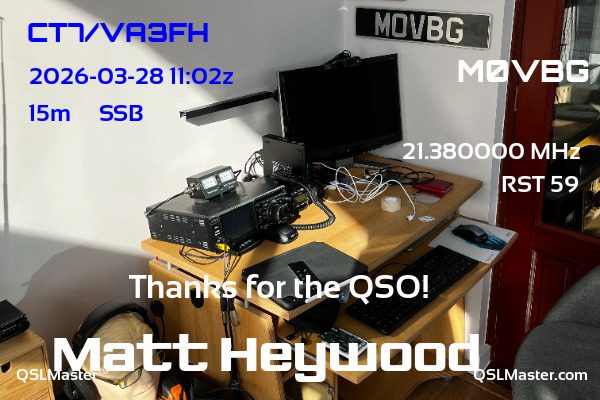 QSL Master Card for M0VBG QSO with CT7/VA3FH