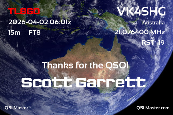 QSL Master Card for VK4SHG QSO with TL8GD