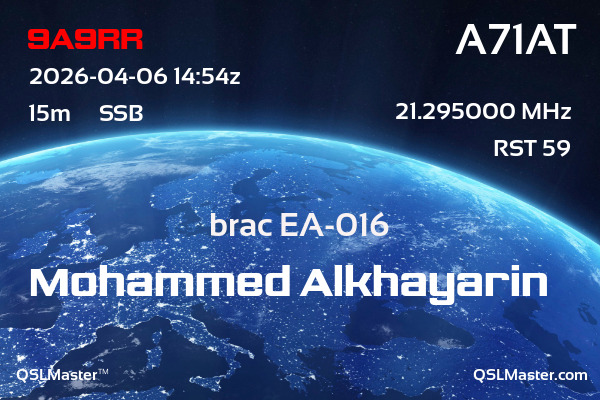 QSL Master Card for A71AT QSO with 9A9RR