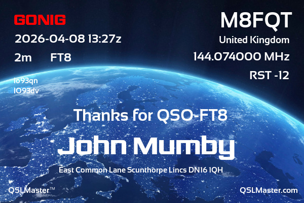 QSL Master Card for M8FQT QSO with G0NIG