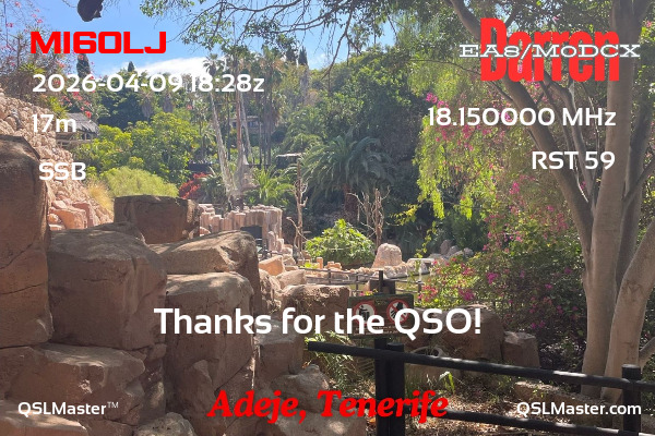 QSL Master Card for EA8/M0DCX QSO with MI6OLJ