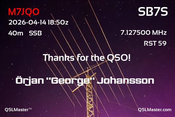 QSL Master Card for SB7S QSO with M7JQO