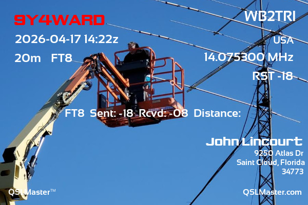 QSL Master Card for WB2TRI QSO with 9Y4WARD