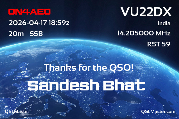 QSL Master Card for VU22DX QSO with ON4AEO