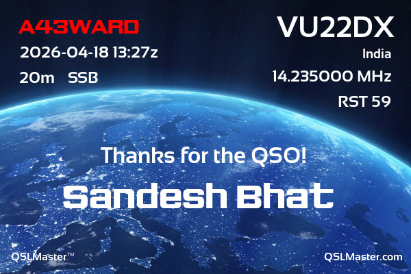 QSL Master Card for VU22DX QSO with A43WARD