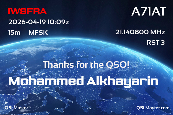 QSL Master Card for A71AT QSO with IW9FRA