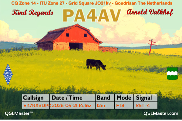 QSL Master Card for PA4AV QSO with EK/RX3DPK