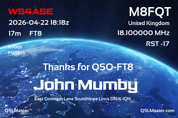 QSL Master Card for M8FQT QSO with WS4ASE