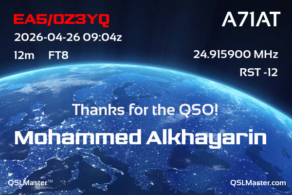 QSL Master Card for A71AT QSO with EA5/OZ3YQ