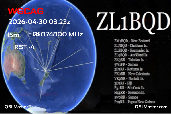 QSL Master Card for ZL1BQD QSO with W6CAG