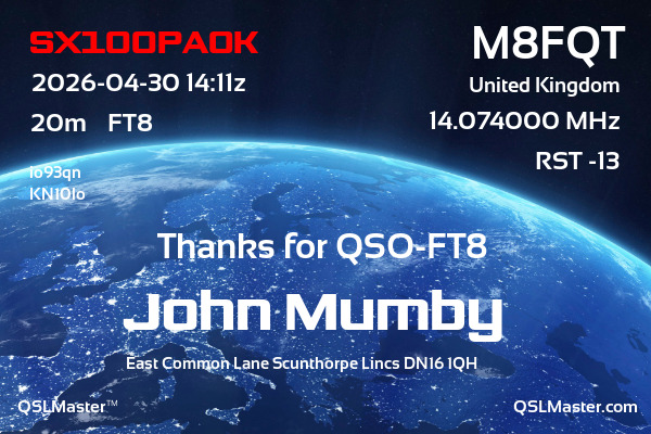 QSL Master Card for M8FQT QSO with SX100PAOK