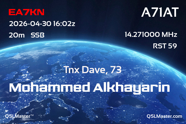 QSL Master Card for A71AT QSO with EA7KN