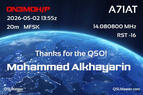 QSL Master Card for A71AT QSO with ON3MOH/P