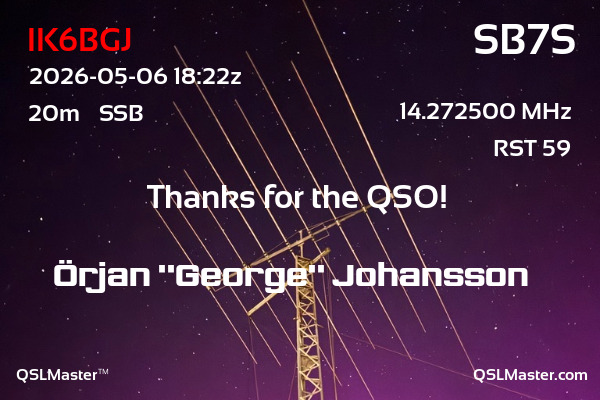 QSL Master Card for SB7S QSO with IK6BGJ