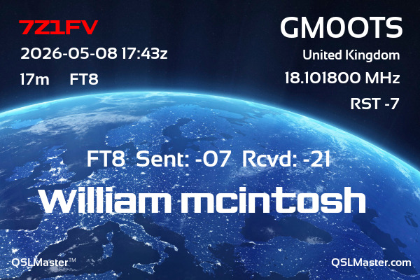 QSL Master Card for GM0OTS QSO with 7Z1FV
