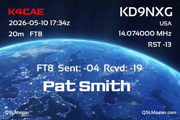 QSL Master Card for KD9NXG QSO with K4CAE