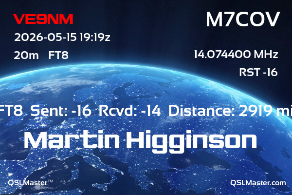QSL Master Card for M7COV QSO with VE9NM
