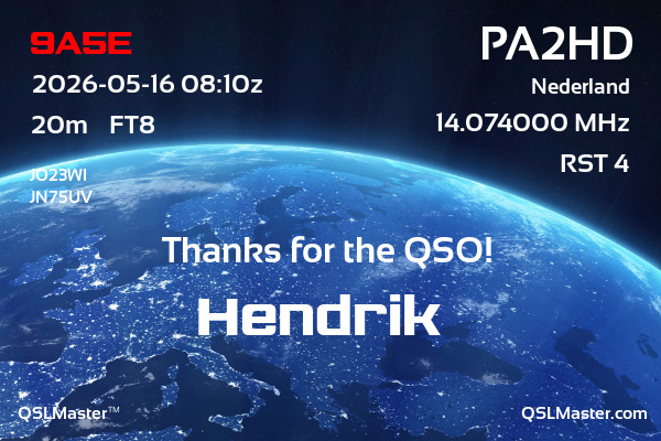 QSL Master Card for PA2HD QSO with 9A5E