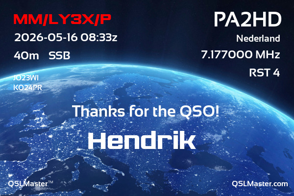 QSL Master Card for PA2HD QSO with MM/LY3X/P