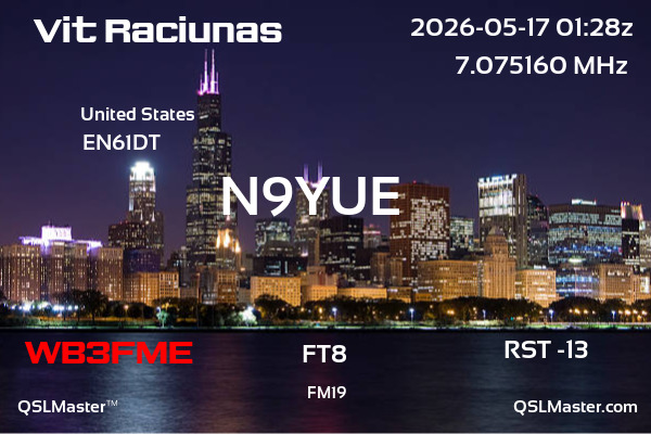 QSL Master Card for N9YUE QSO with WB3FME