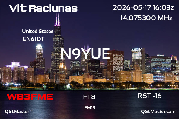 QSL Master Card for N9YUE QSO with WB3FME