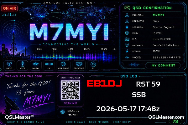 QSL Master Card for M7MYI QSO with EB1DJ