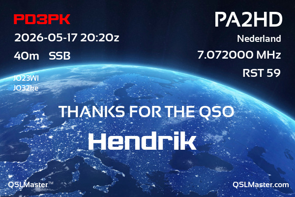 QSL Master Card for PA2HD QSO with PD3PK