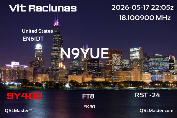 QSL Master Card for N9YUE QSO with 9Y4DG
