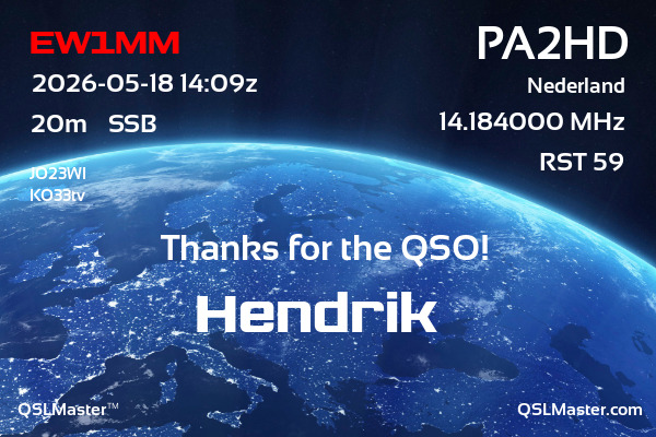 QSL Master Card for PA2HD QSO with EW1MM