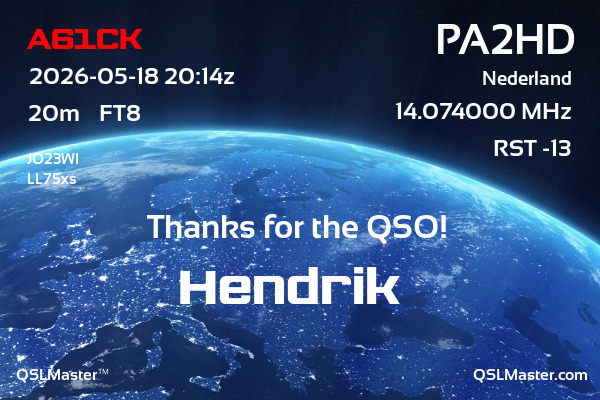 QSL Master Card for PA2HD QSO with A61CK