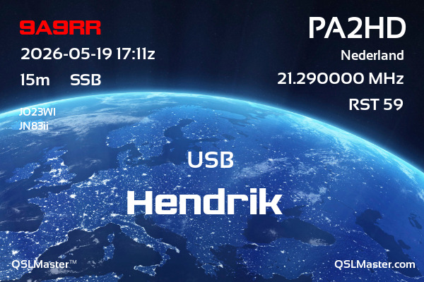 QSL Master Card for PA2HD QSO with 9A9RR