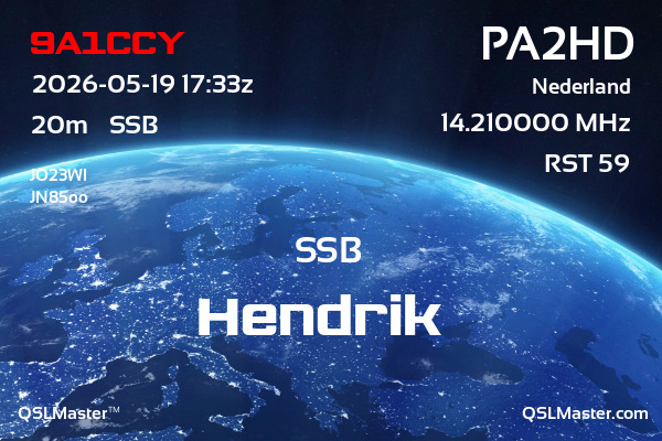 QSL Master Card for PA2HD QSO with 9A1CCY