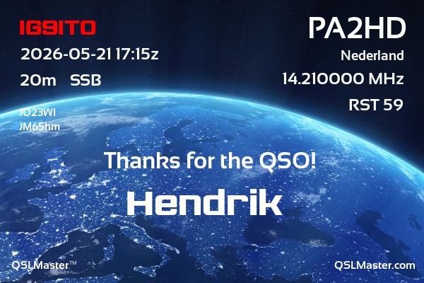 QSL Master Card for PA2HD QSO with IG9ITO