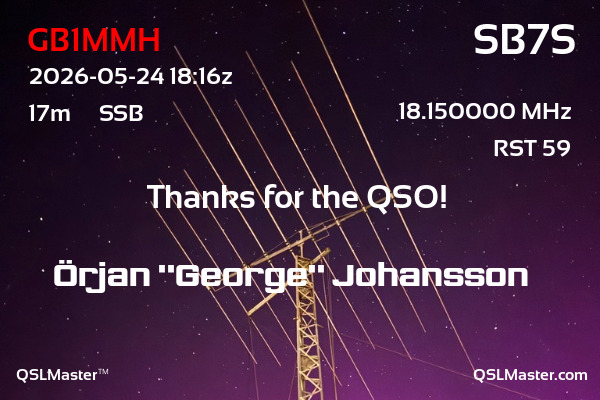 QSL Master Card for SB7S QSO with GB1MMH