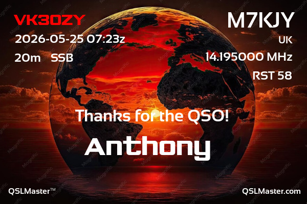 QSL Master Card for M7KJY QSO with VK3OZY