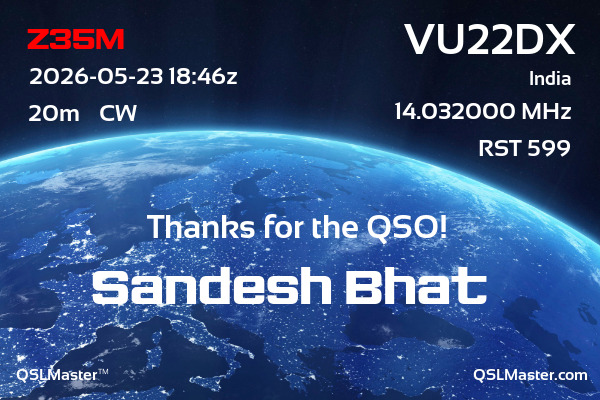 QSL Master Card for VU22DX QSO with Z35M