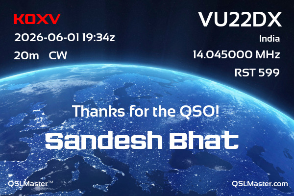 QSL Master Card for VU22DX QSO with K0XV