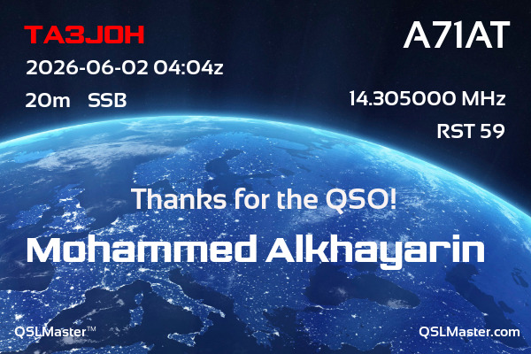 QSL Master Card for A71AT QSO with TA3JOH