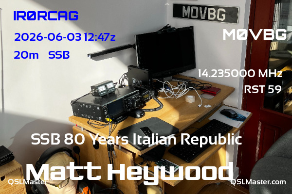 QSL Master Card for M0VBG QSO with IR0RCAG